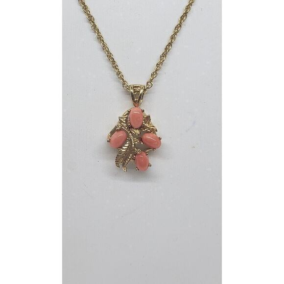 Vintage Jewelry - Vintage 14K Gold Plated Coral Necklace Leaf Pendant Rope Chain